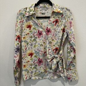 Rachel Zoe Womens Floral Print Long Sleeve V-Neck Wrap Blouse Multicolor Size M
